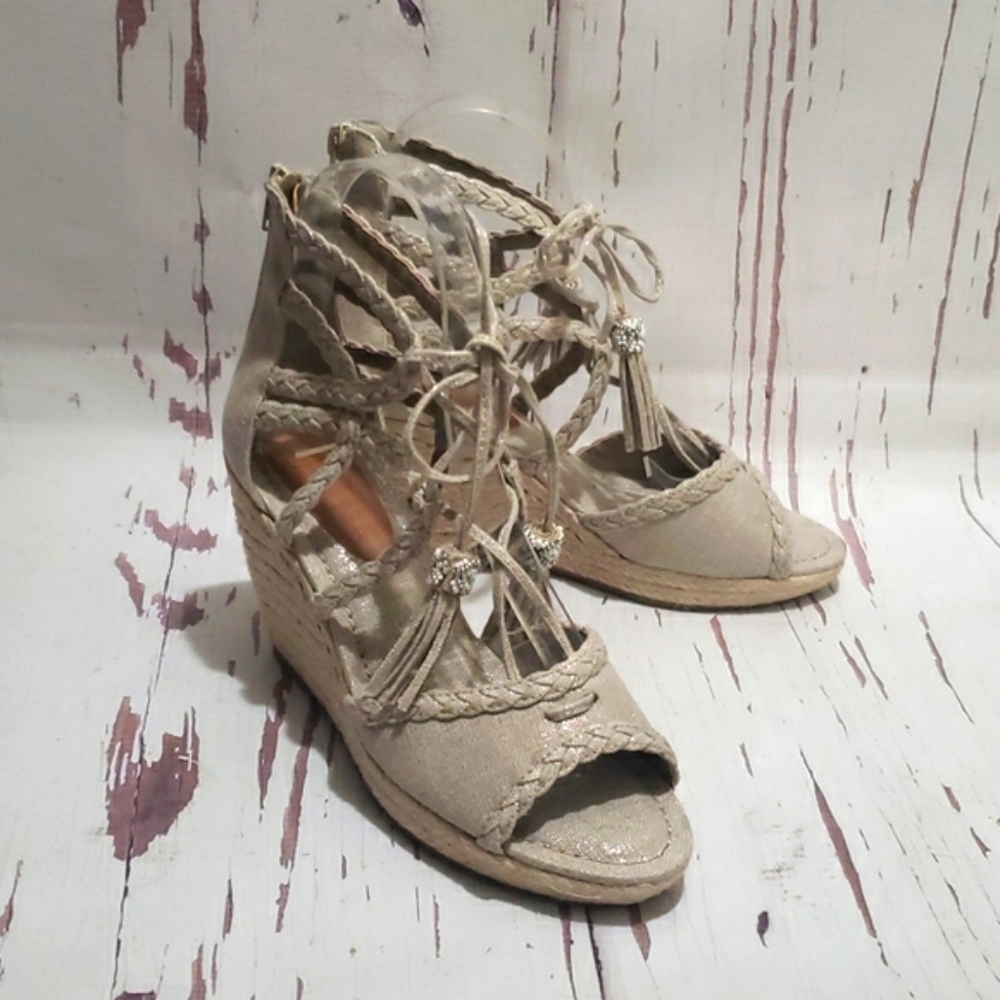 Rampage 7.5 Carlita silver glitter canvas wedge espadrilles strappy with tassels